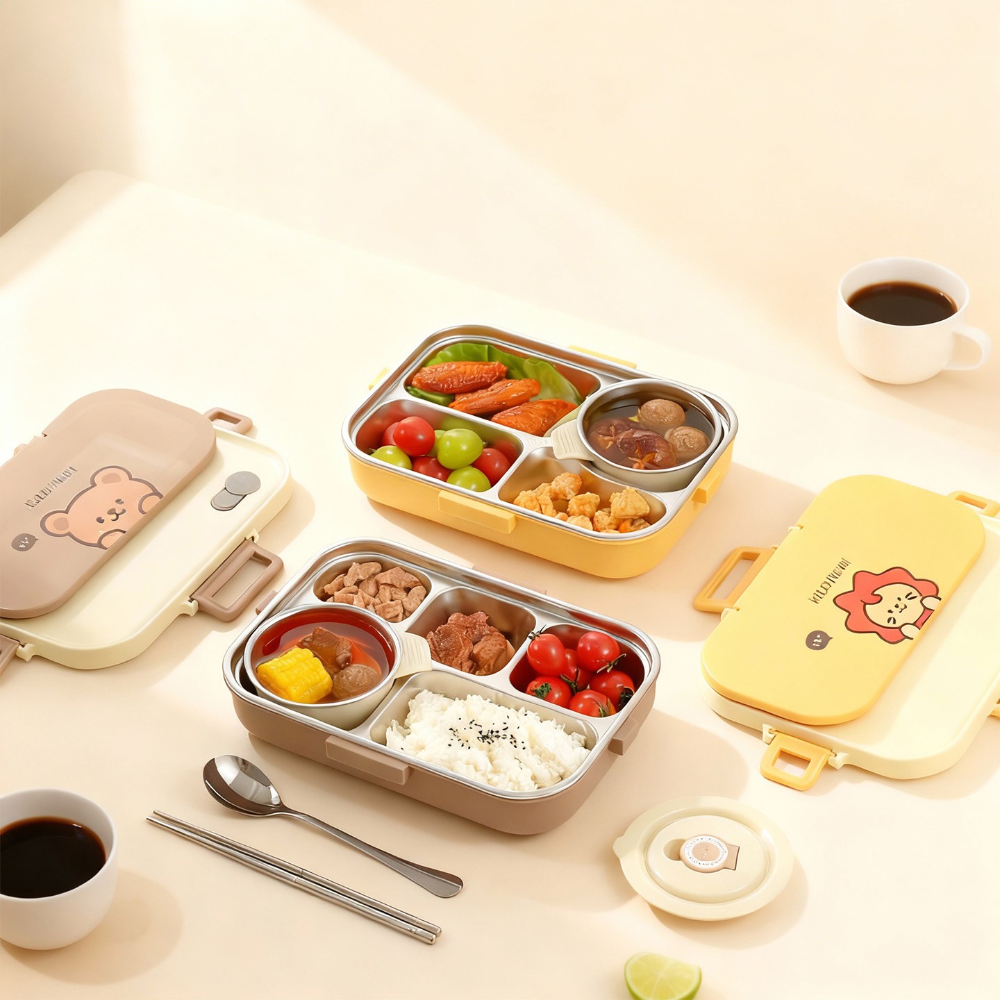 Food Storage Hot - 4/5칸 304 스테인리스 스틸 도시락 세트(수저