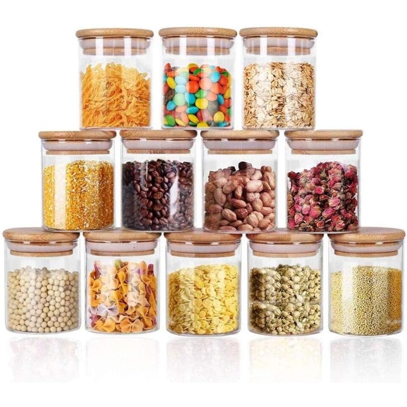 Airtight Cereal Jar - 대나무 밀폐 뚜껑과 라벨이 있는 유리병