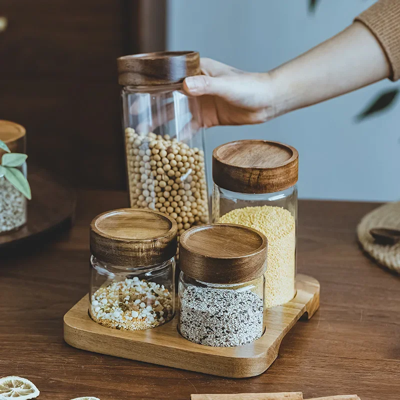 Food Storage Glass Set - 목재 뚜껑 오거나이저 유리 밀폐 용기,