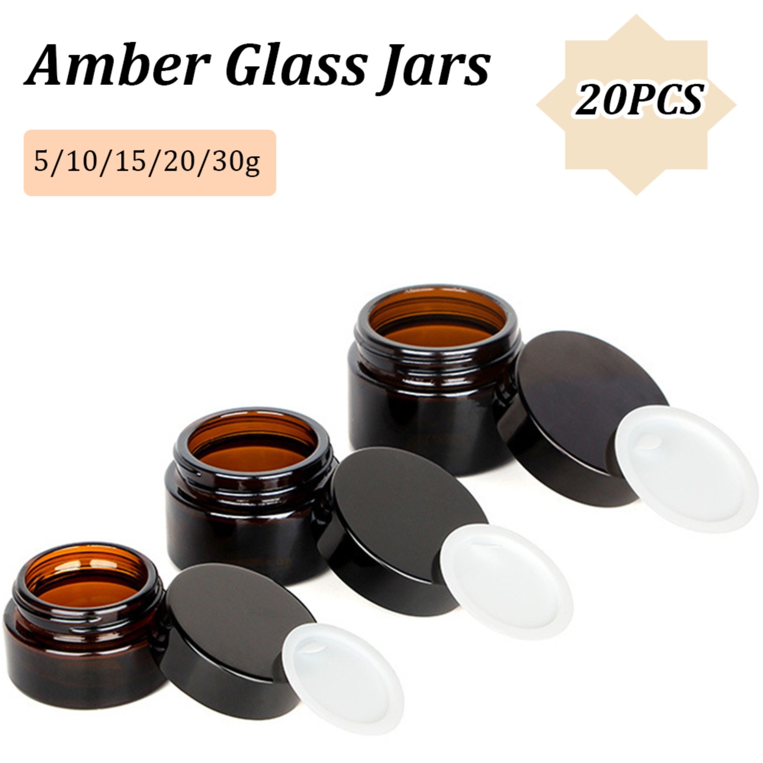 Food Storage Glass Set - 20PCS 검은 뚜껑이있는 작은 앰버 유리