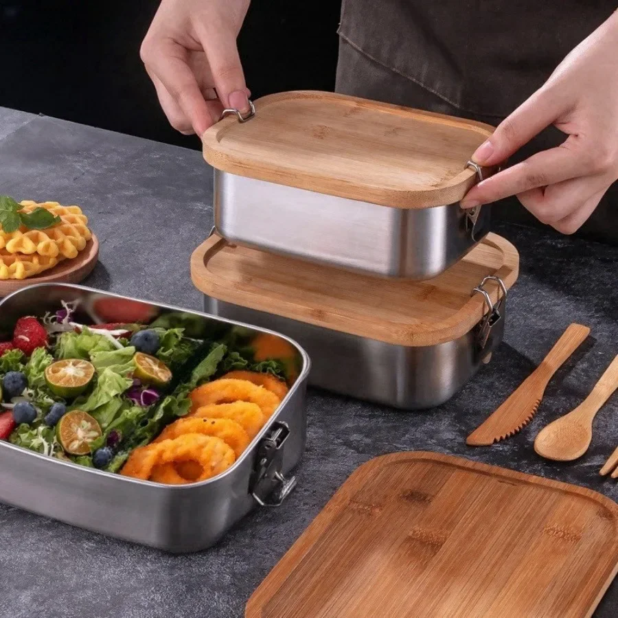 새로운 304 스테인리스 스틸 대나무 뚜껑 도시락, 일 - Food Storage Equipment 리뷰 및 가격