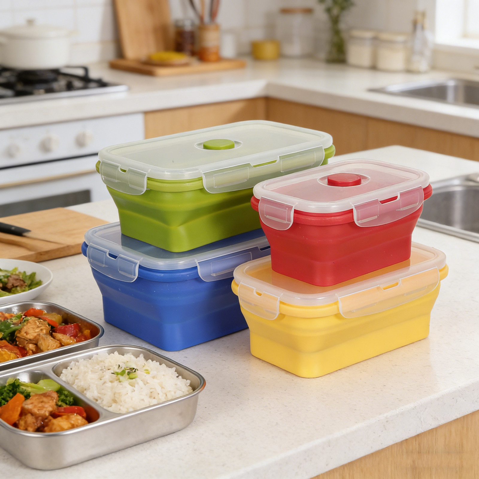 4개 세트, 접을 수 있는 실리콘 재질의 도시락 용기, - Food Storage Safe 리뷰 및 가격